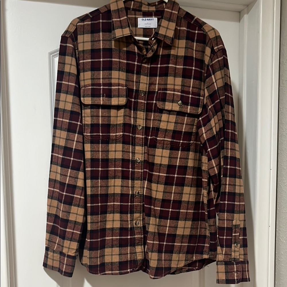 Old Navy Tan and Burgundy Plaid Shirt